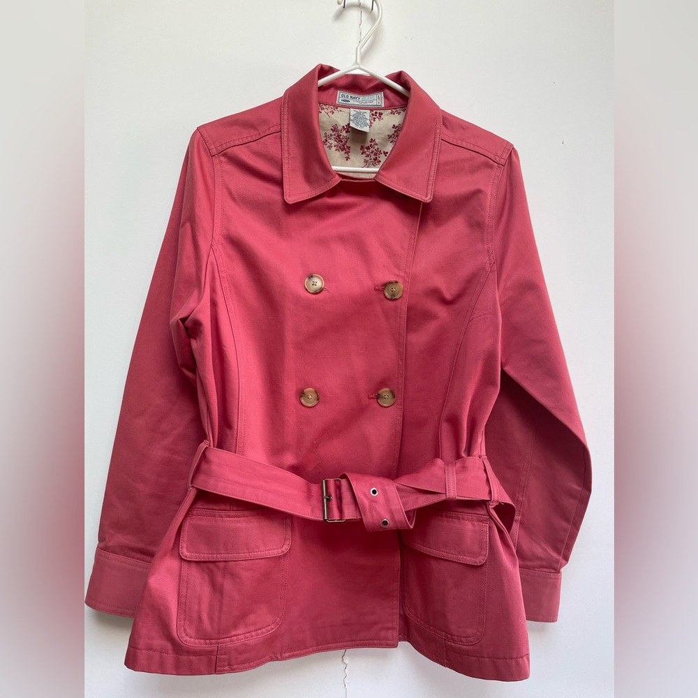 Beautiful salmon pink cotton double breasted belted hip length trench coat.